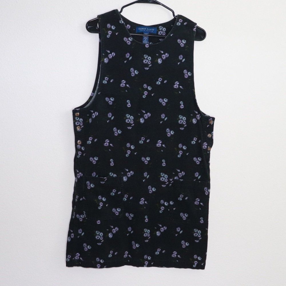 Vintage Karen Scott Black Corduroy Overall Dress Blue Purple Flowers Medium